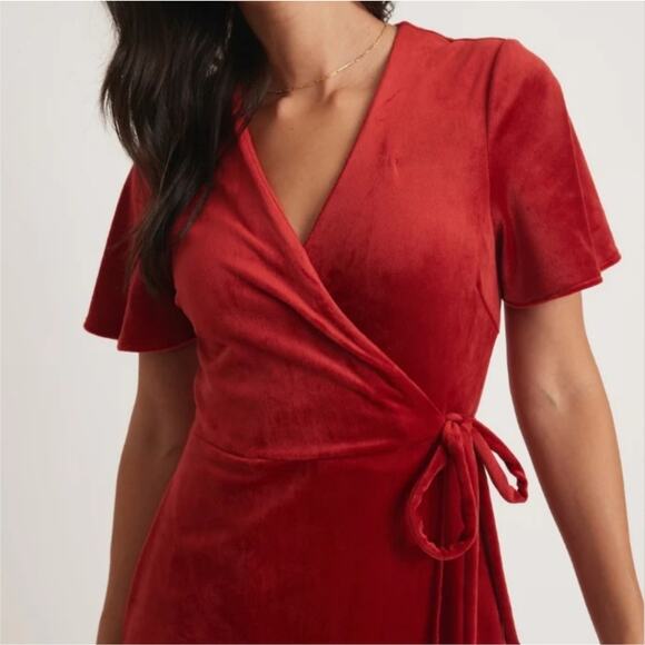 Marine Layer Red Dhalia Viola Velour Wrap Midi Dress L - Picture 13 of 13